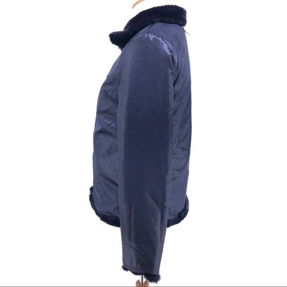 Maison Jules Navy Blue Reversible Faux Fur Long Sleeve Jacket Coat - Picture 9 of 16